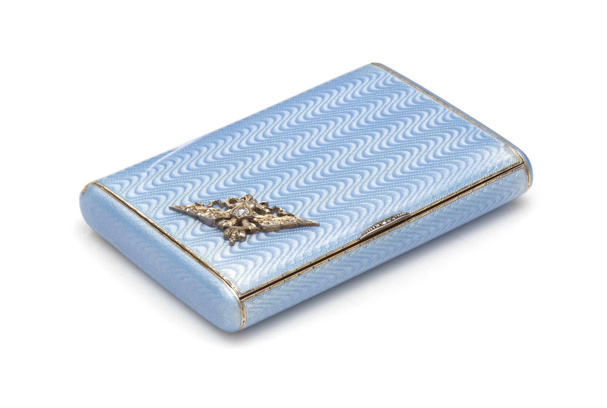 A Russian Silver, Guilloche Enameled and Diamond Inset Cigarette Case, Mark of the 3rd Artel, St. Petersburg, 19th Century, the case ha