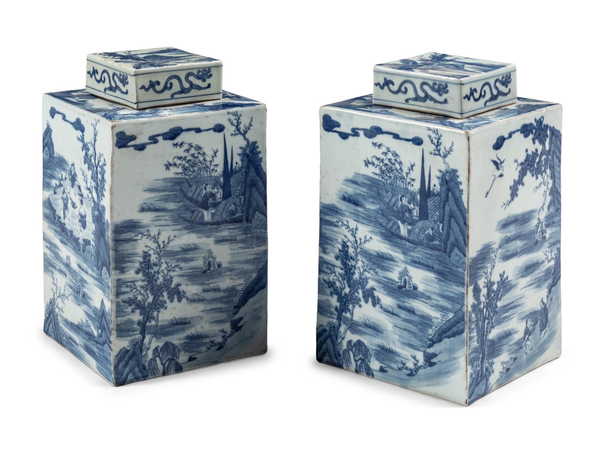 A Pair of Chinese Blue and White Porcelain Tea Caddies with Covers