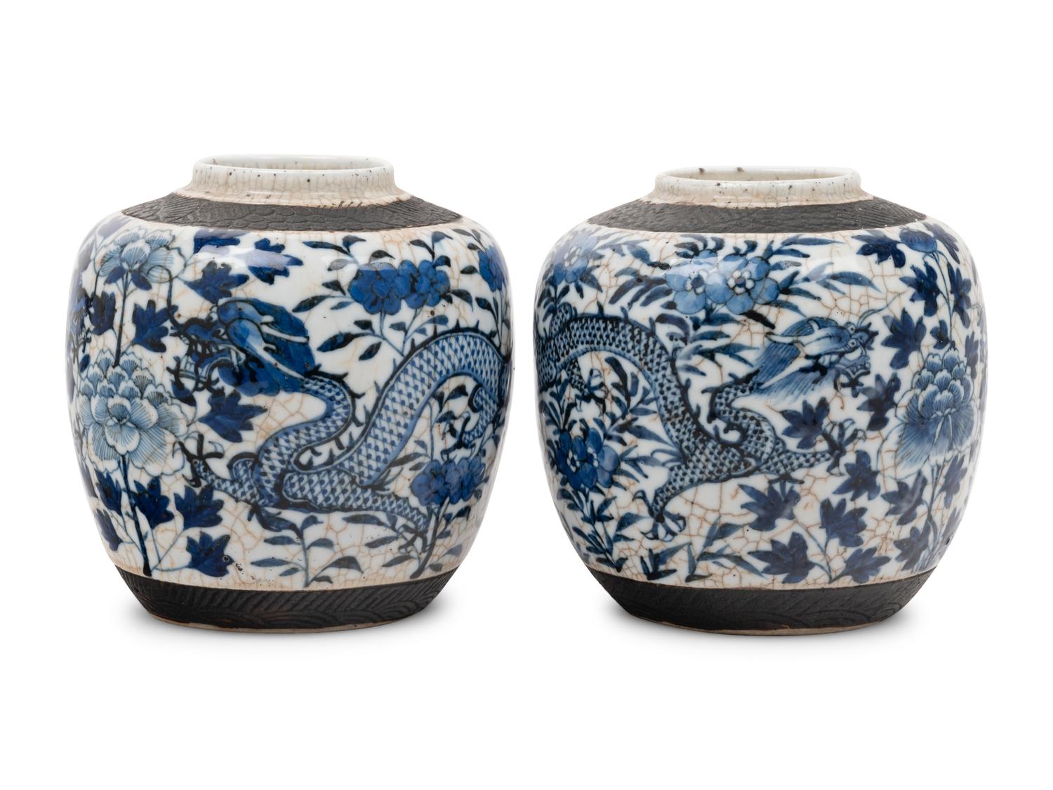 Two Chinese Underglaze Blue Crackle Glazed and Iron Decorated Porcelain Jars