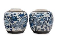 Two Chinese Underglaze Blue Crackle Glazed and Iron Decorated Porcelain Jars