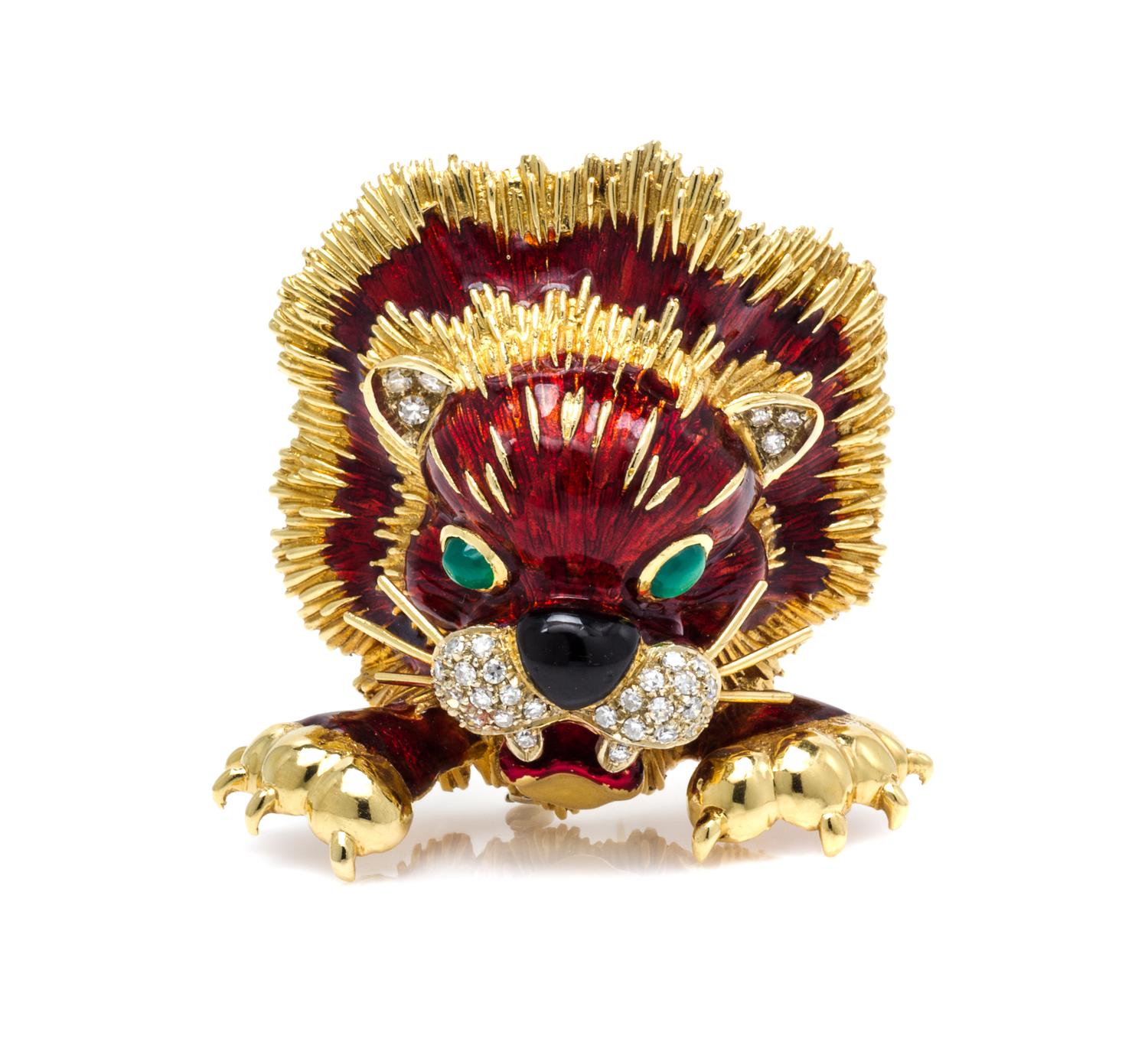 An 18 Karat Yellow Gold, Enamel, Diamond and Chalcedony Lion Brooch, Frascarolo, 31.50 dwts.