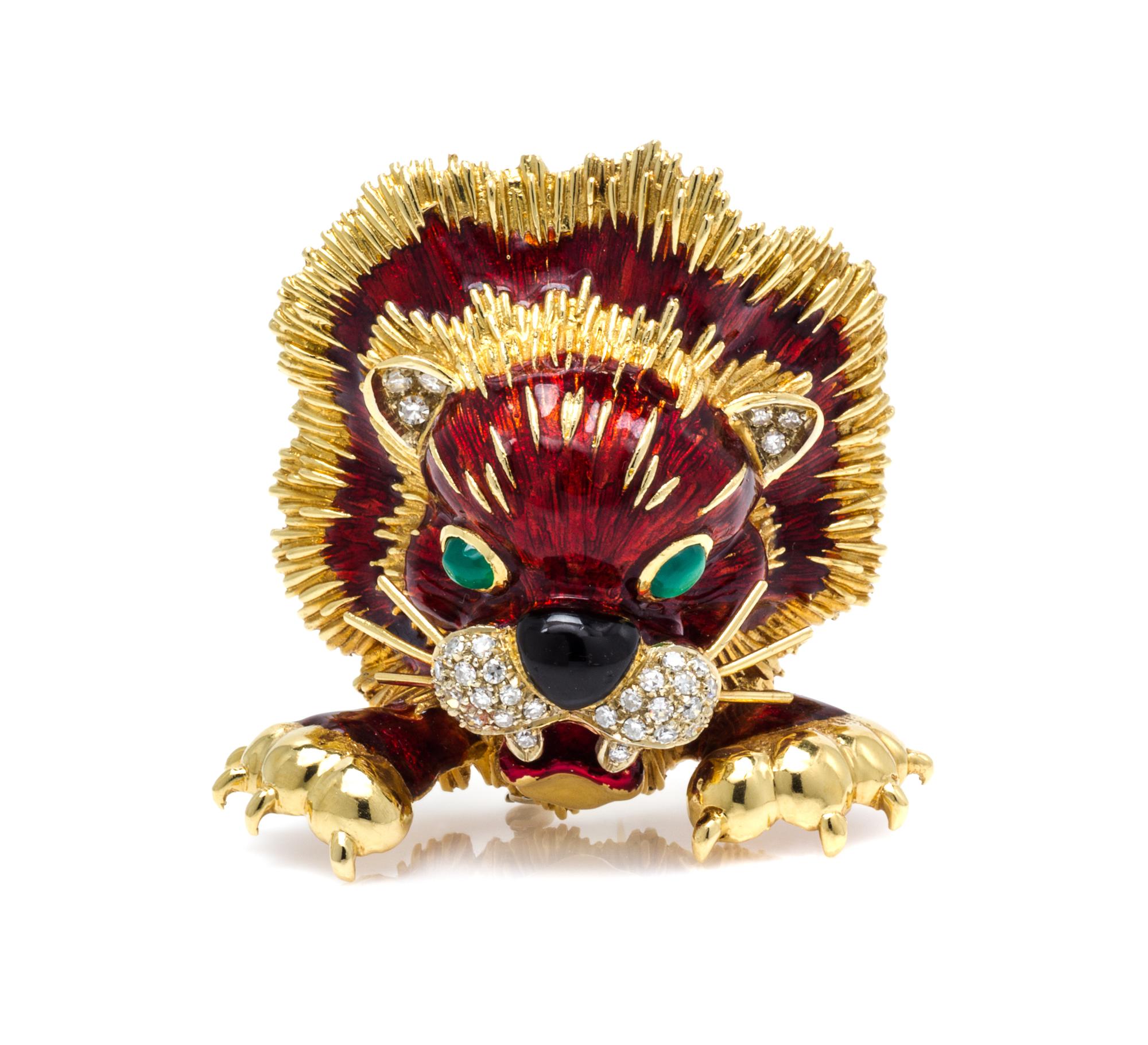 An 18 Karat Yellow Gold, Enamel, Diamond and Chalcedony Lion Brooch, Frascarolo, 31.50 dwts.