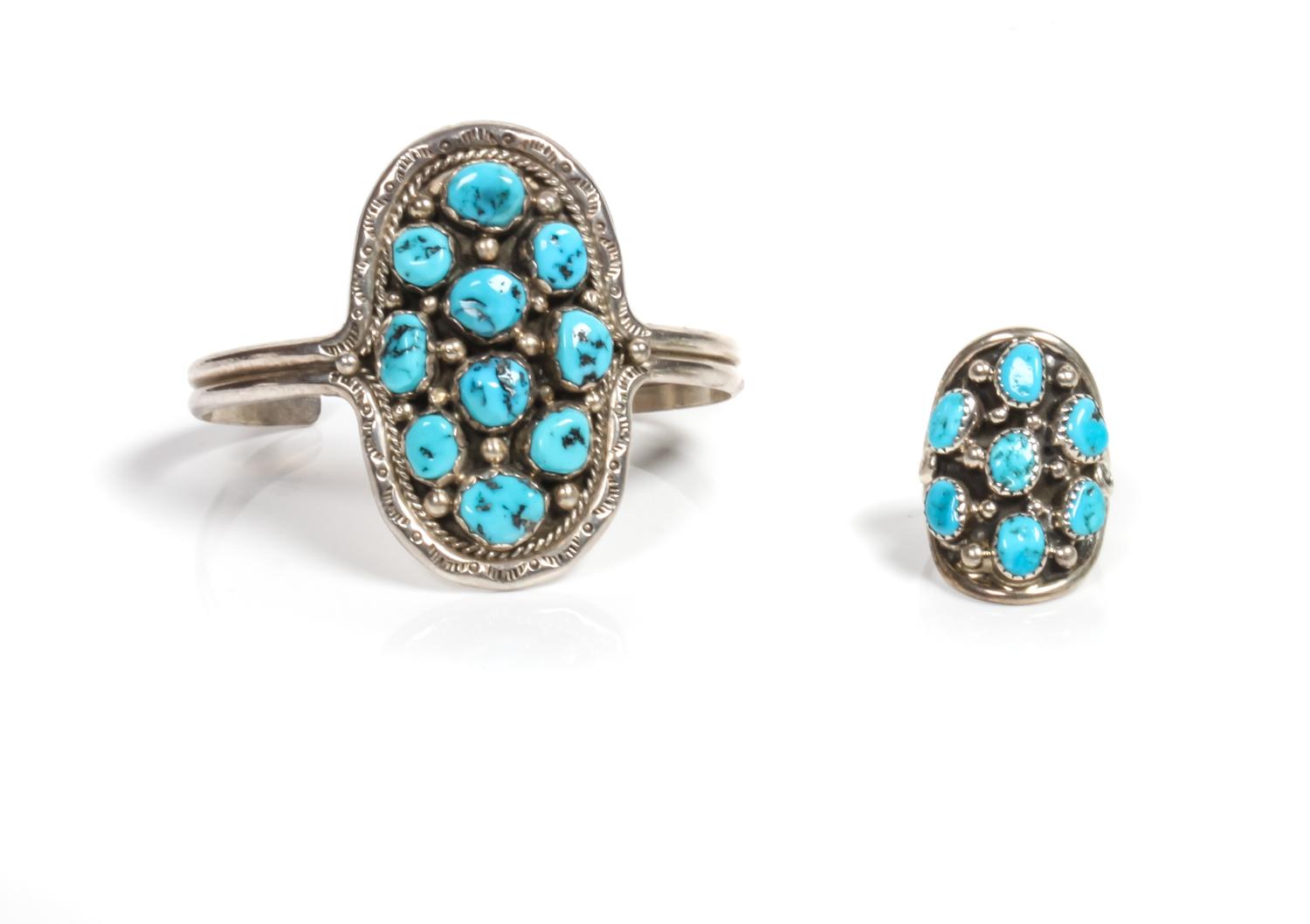 Southwestern Silver and Turquoise Bracelet and Ring Length of bracelet 5 3/8 x opening 1 1/8 x width 2 inches