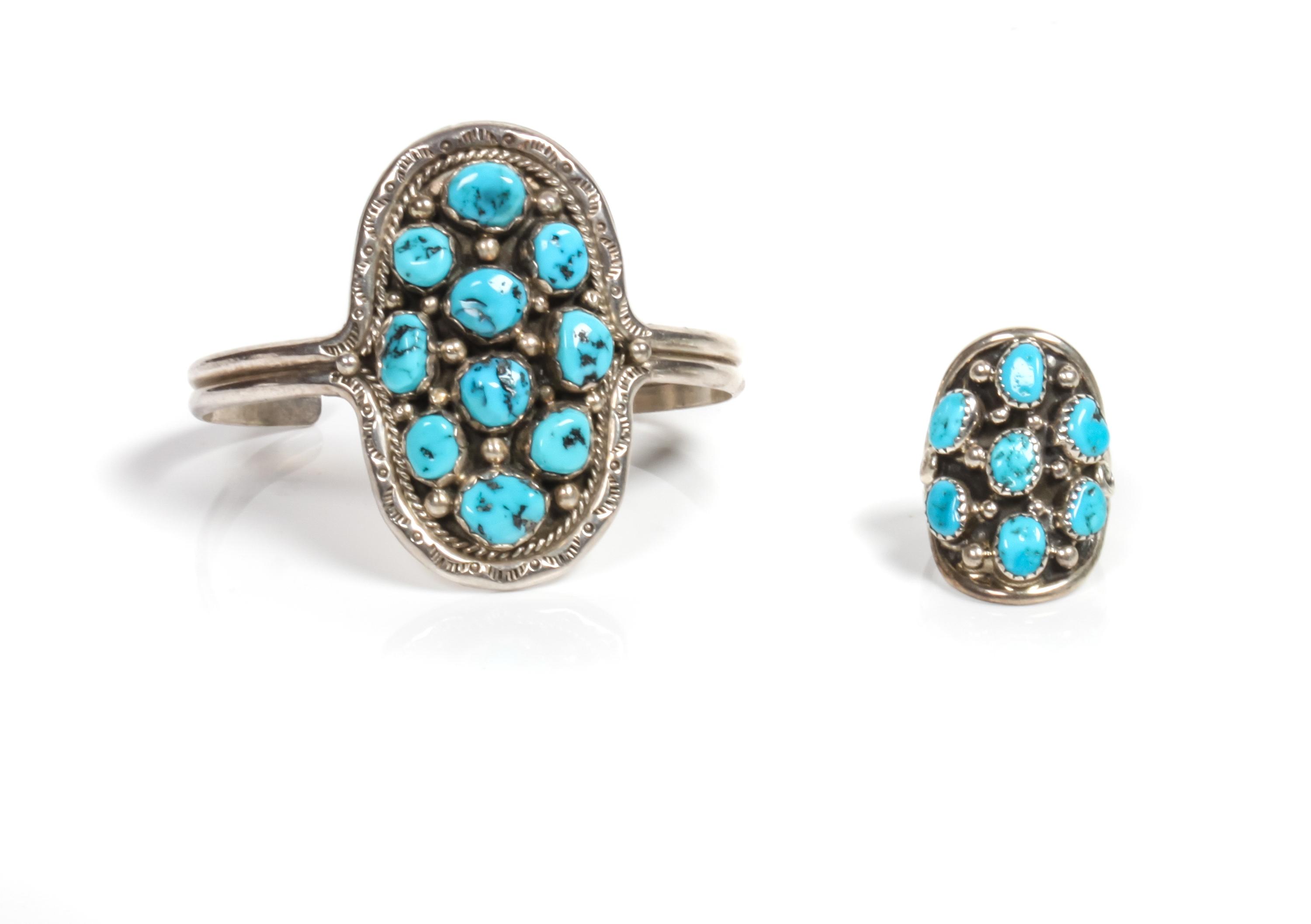 Southwestern Silver and Turquoise Bracelet and Ring Length of bracelet 5 3/8 x opening 1 1/8 x width 2 inches