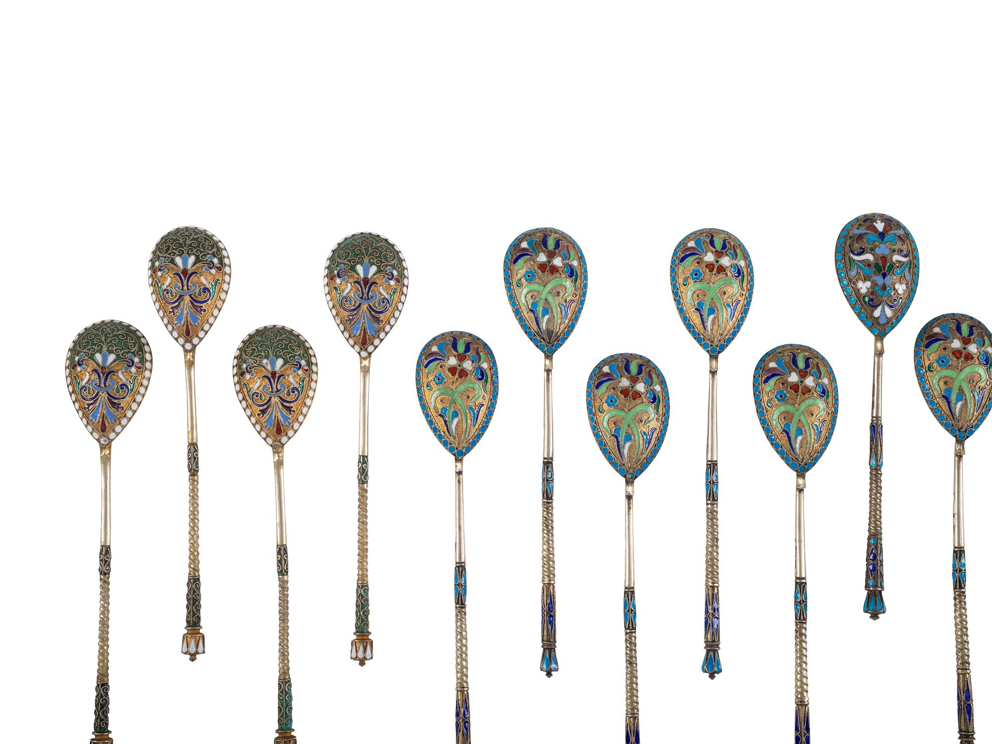 Thirty Russian Silver and Enamel Spoons and Forks