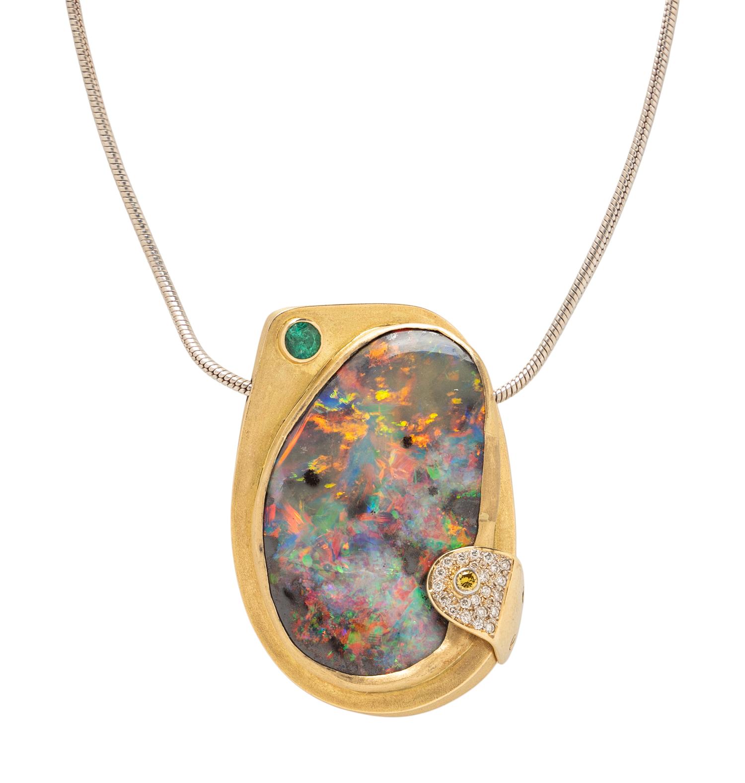 OPAL, DIAMOND, AND EMERALD PENDANT NECKLACE