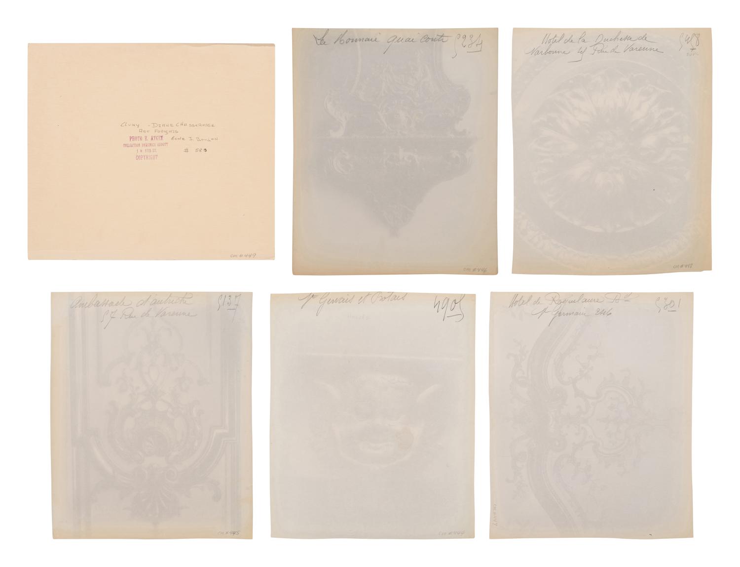 A group of six photographs depicting early 20th Century Parisian architectural details (Saints-Gervais-et-Protais, 1903-1904; Ambassade d'Autriche, 57 rue de Varenne, 1905; La Monnaie-quai Conti [5234], 1905-1906; Hôtel de Roquelaure, boulevard Saint-Germain, 246, 1905-1906; Hôtel de la Duchesse, de Narbonne, rue Varenne 45, 1907; [Cluny–Diane Chasseresse. Art Français. École J. Goujon], 1911)