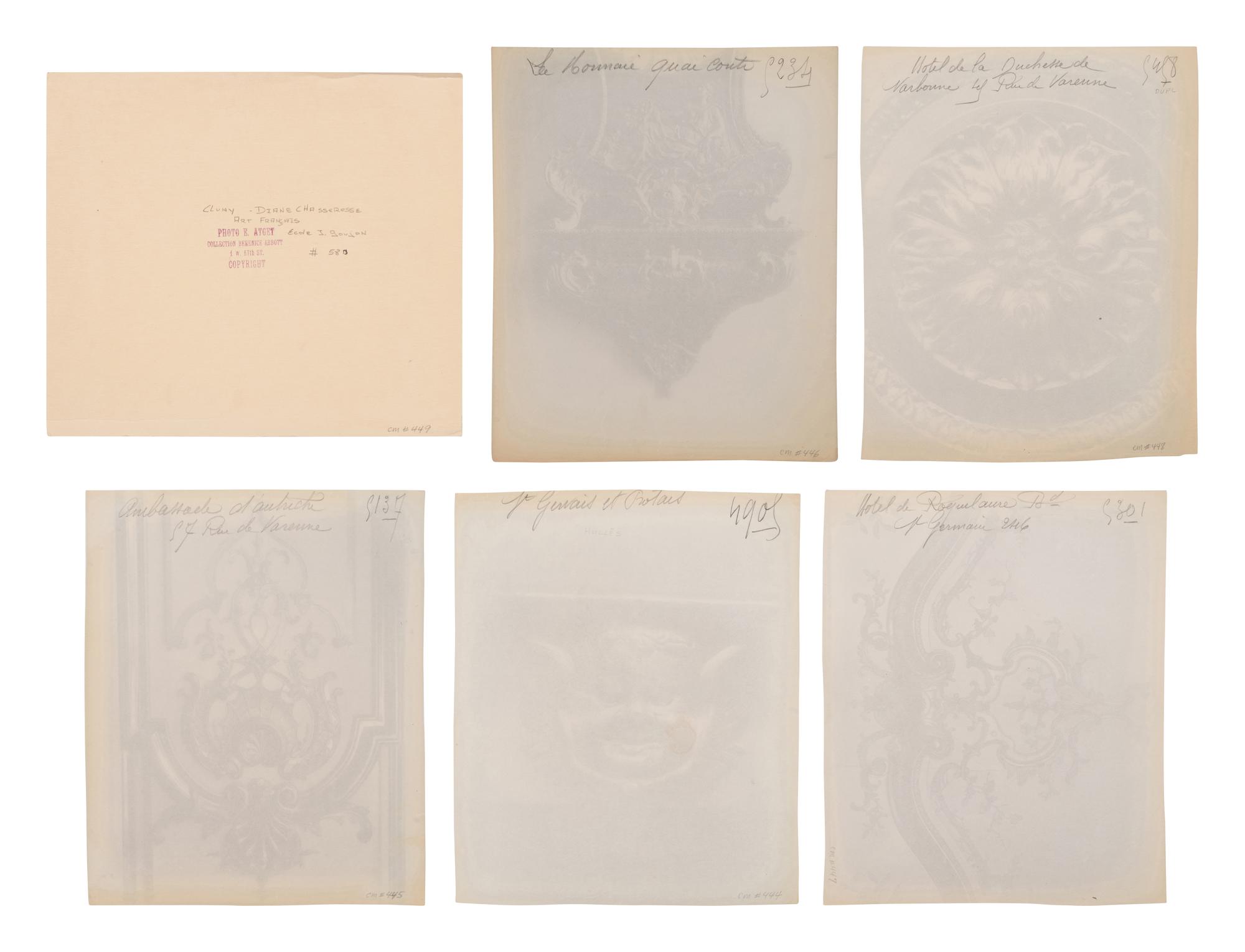 A group of six photographs depicting early 20th Century Parisian architectural details (Saints-Gervais-et-Protais, 1903-1904; Ambassade d'Autriche, 57 rue de Varenne, 1905; La Monnaie-quai Conti [5234], 1905-1906; Hôtel de Roquelaure, boulevard Saint-Germain, 246, 1905-1906; Hôtel de la Duchesse, de Narbonne, rue Varenne 45, 1907; [Cluny–Diane Chasseresse. Art Français. École J. Goujon], 1911)