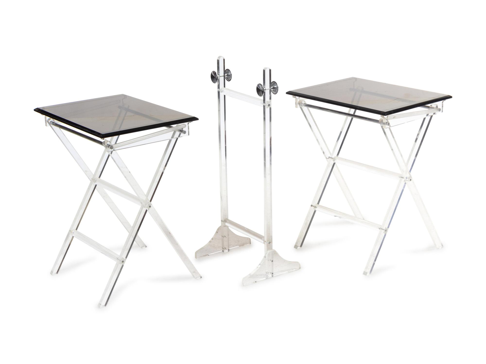 Two Lucite Folding Tables and Standing Tie-Rack
