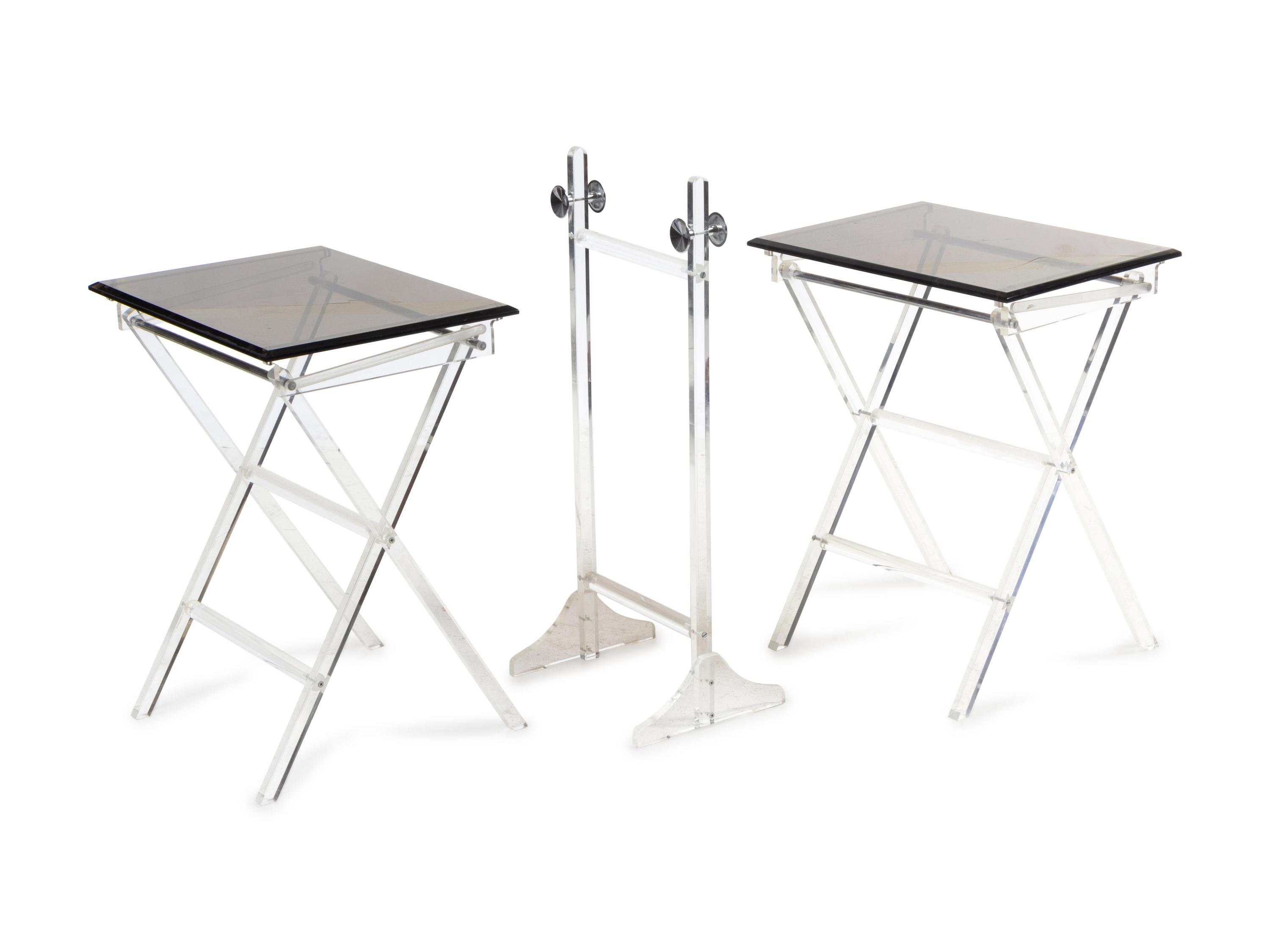 Two Lucite Folding Tables and Standing Tie-Rack