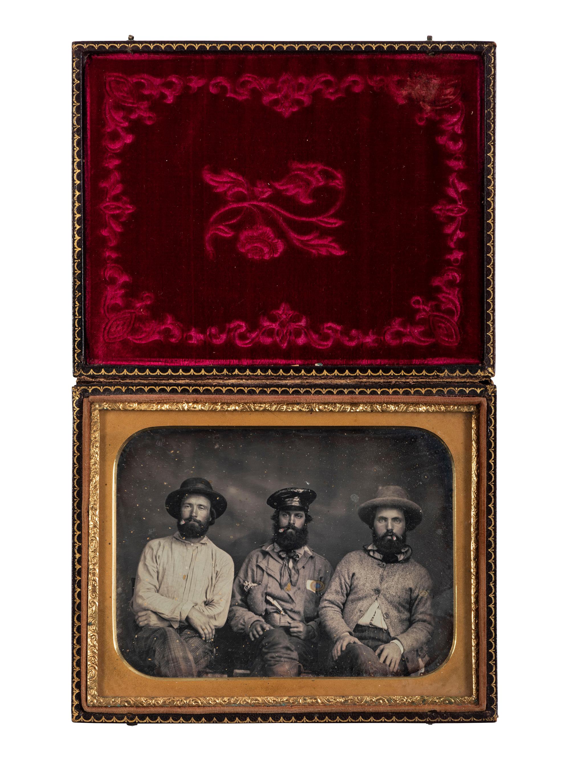 [WESTERN AMERICANA - MINING]. A half plate daguerreotype of three gold miners.