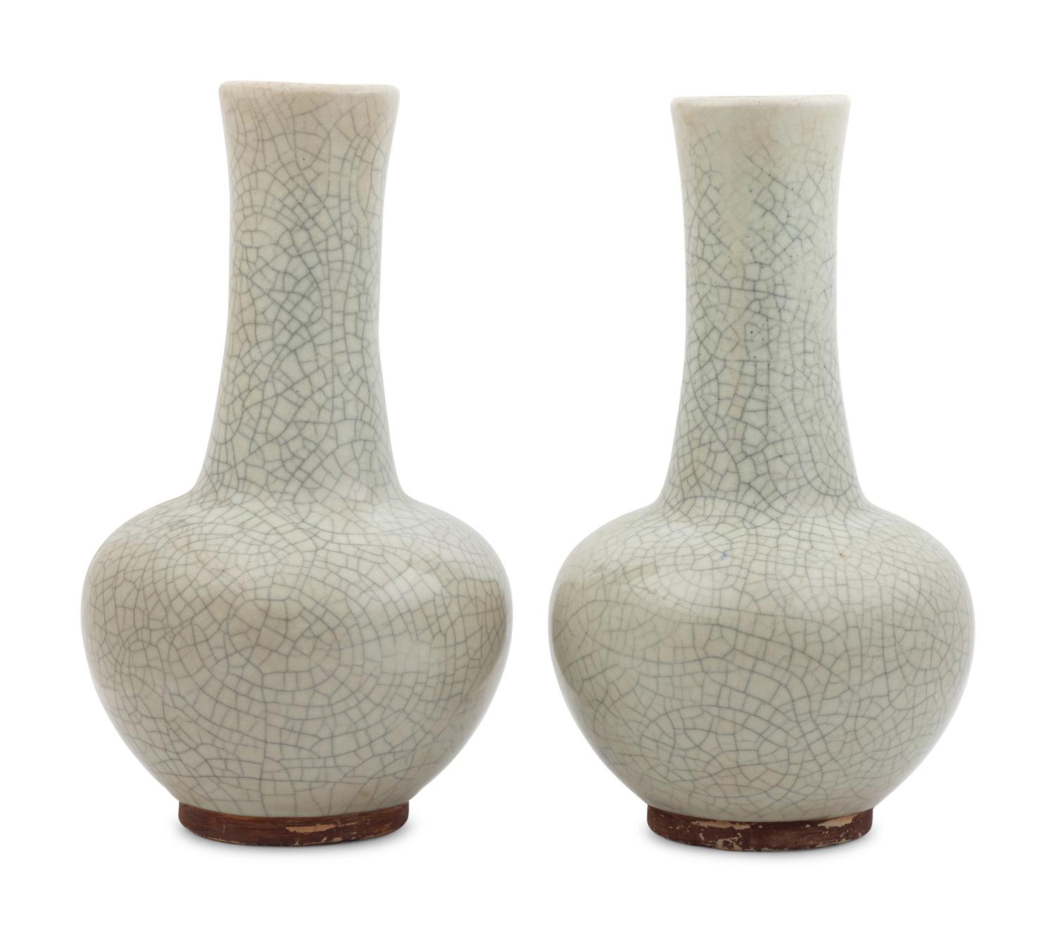 A Pair of Chinese Crackle Glazed Porcelain Bottle Vases