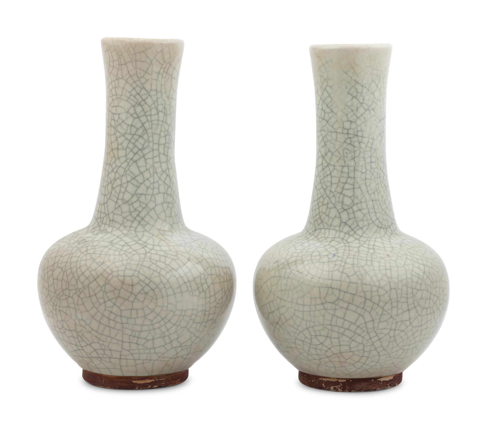 A Pair of Chinese Crackle Glazed Porcelain Bottle Vases