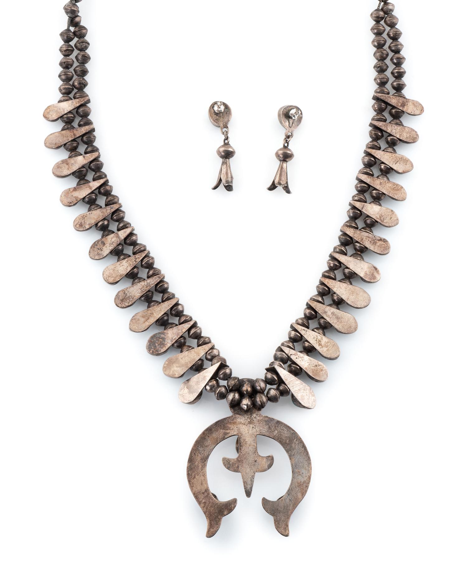 Navajo Silver and Turquoise Squash Blossom Necklace AND Earrings