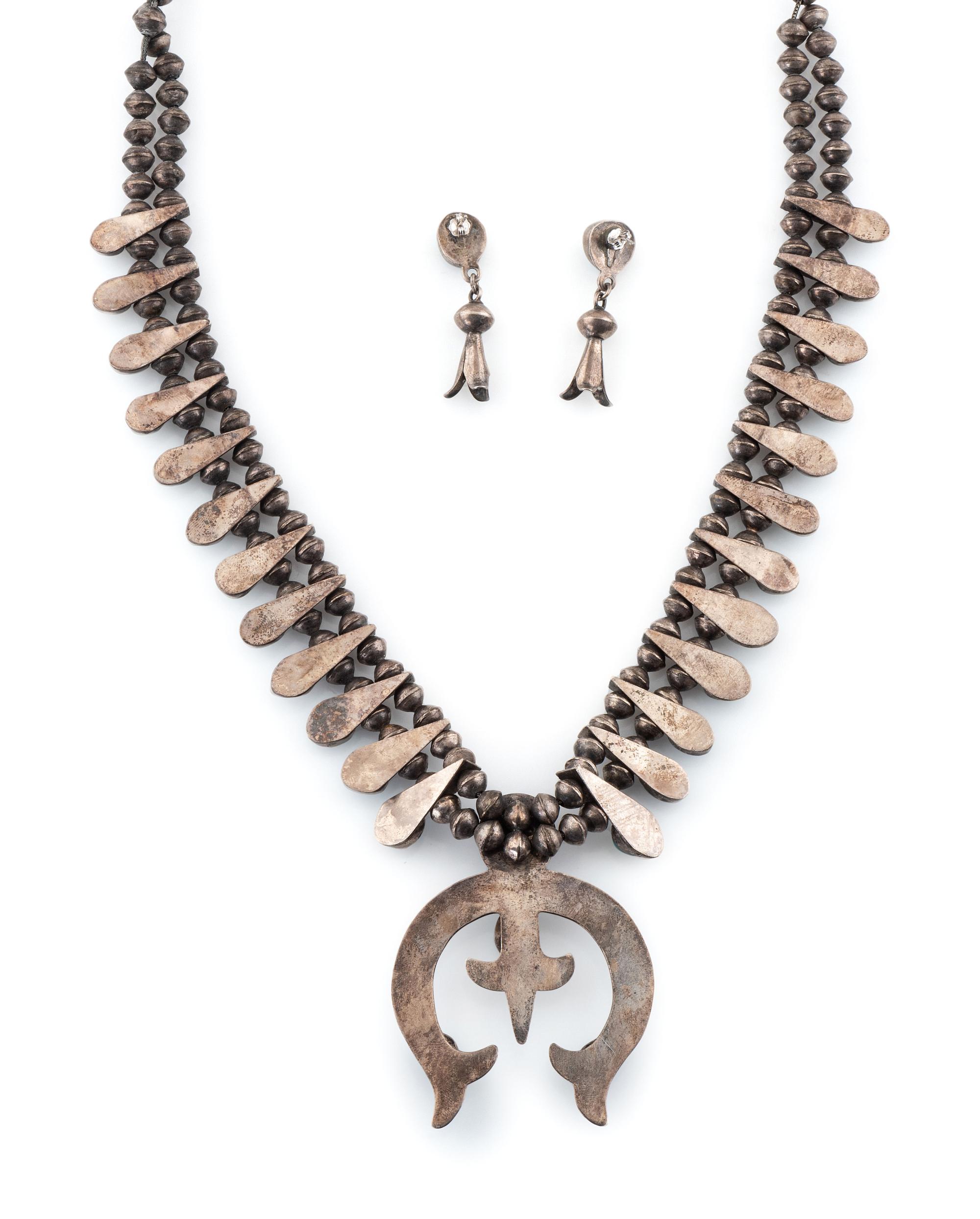 Navajo Silver and Turquoise Squash Blossom Necklace AND Earrings