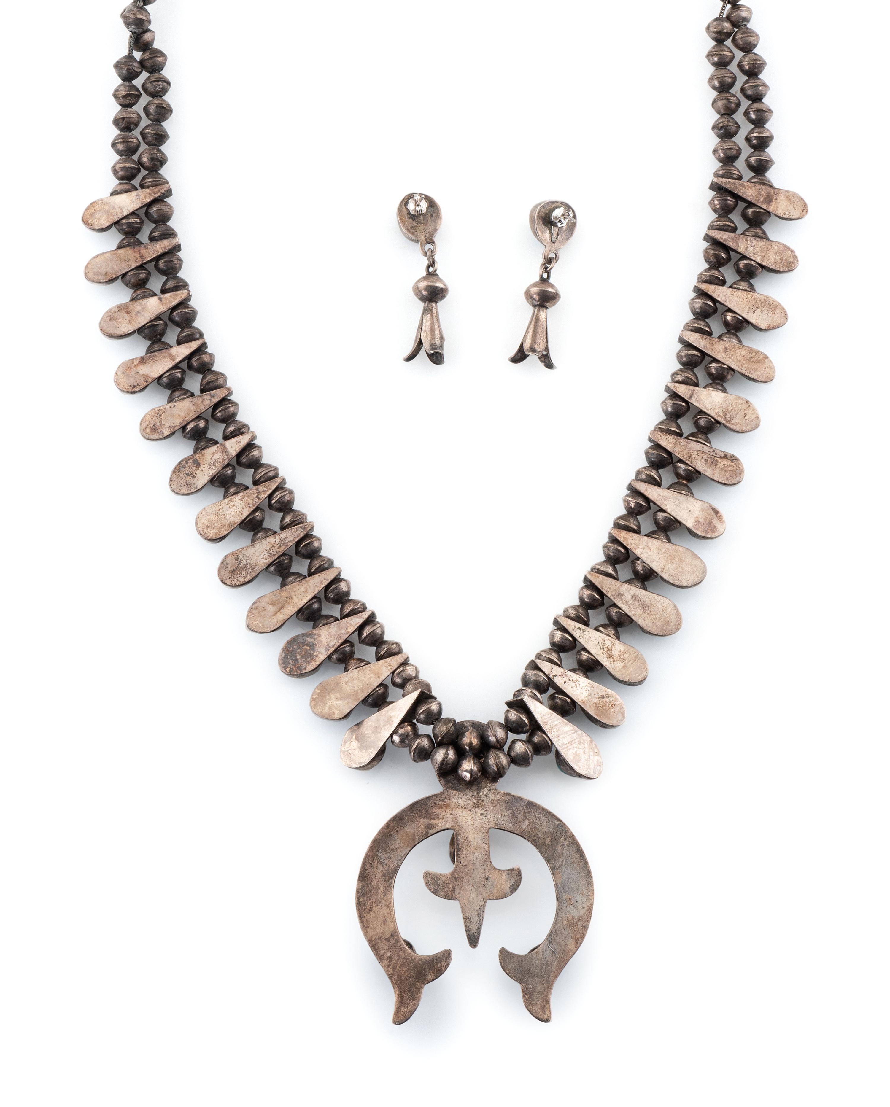 Navajo Silver and Turquoise Squash Blossom Necklace AND Earrings