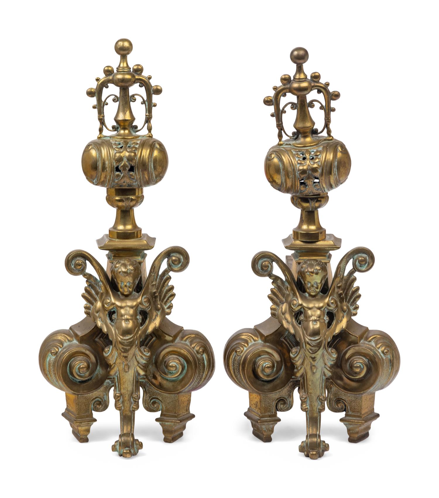 A Pair of Baroque Style Brass Andirons