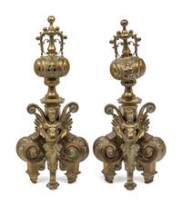 A Pair of Baroque Style Brass Andirons