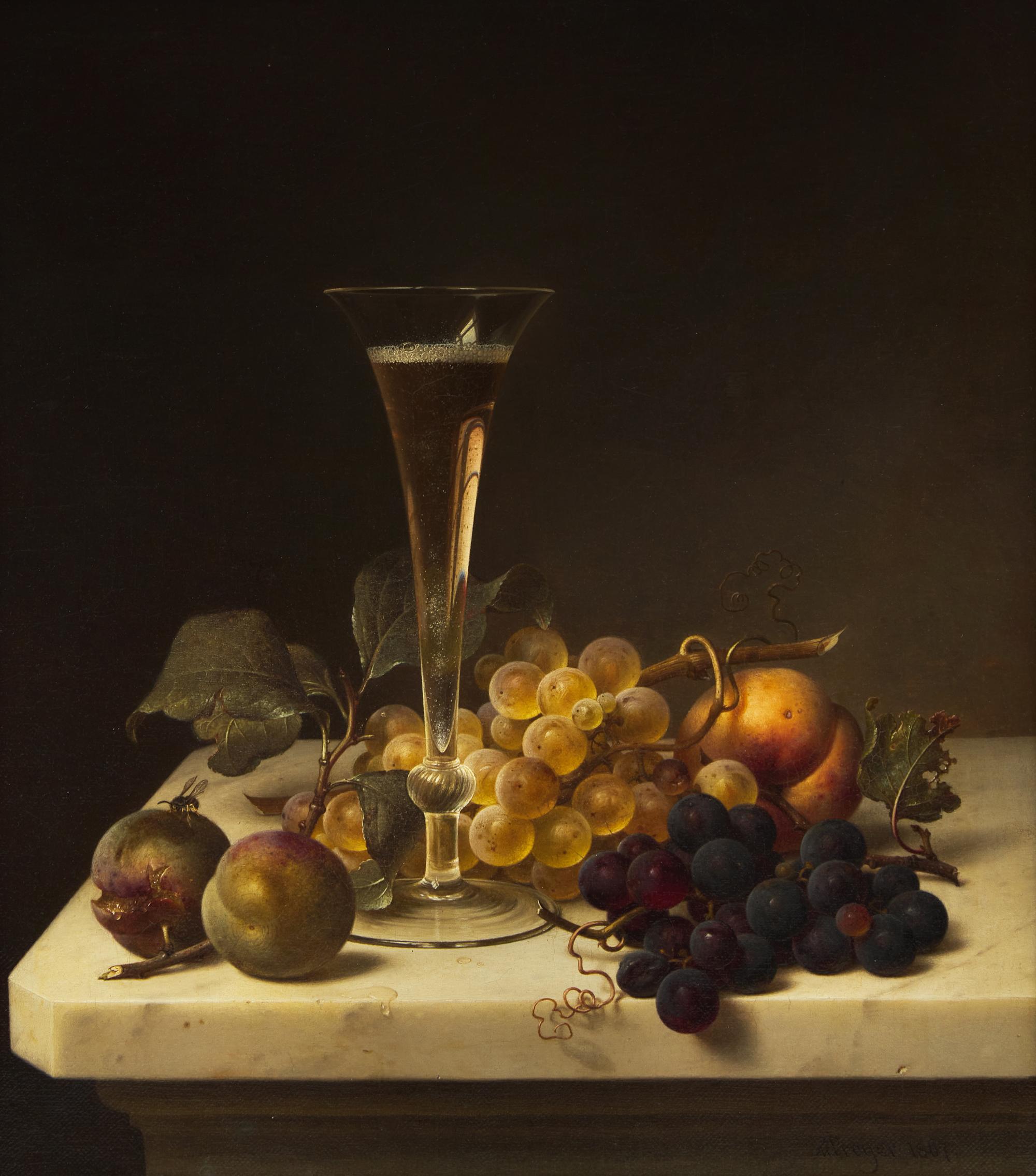 Johann Wilhelm Preyer (German, 1803-1889) — Still Life with Champagne Flute, Greengages, Peach, and Grapes , 1867