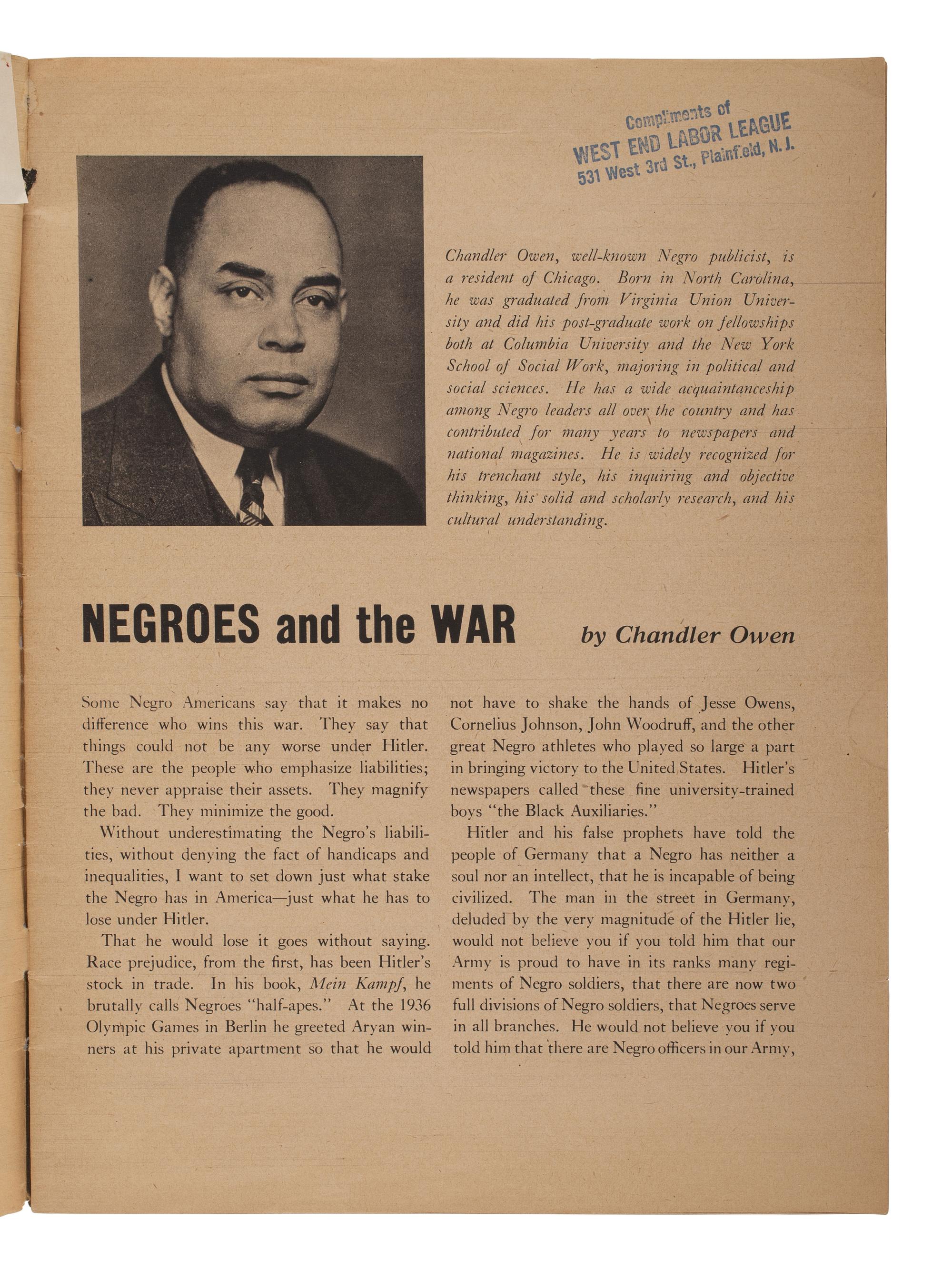 [WW2]. 2 imprints, incl. OWENS, Chandler. Negroes and the War . [ With: ] Sacrifice For Freedom!