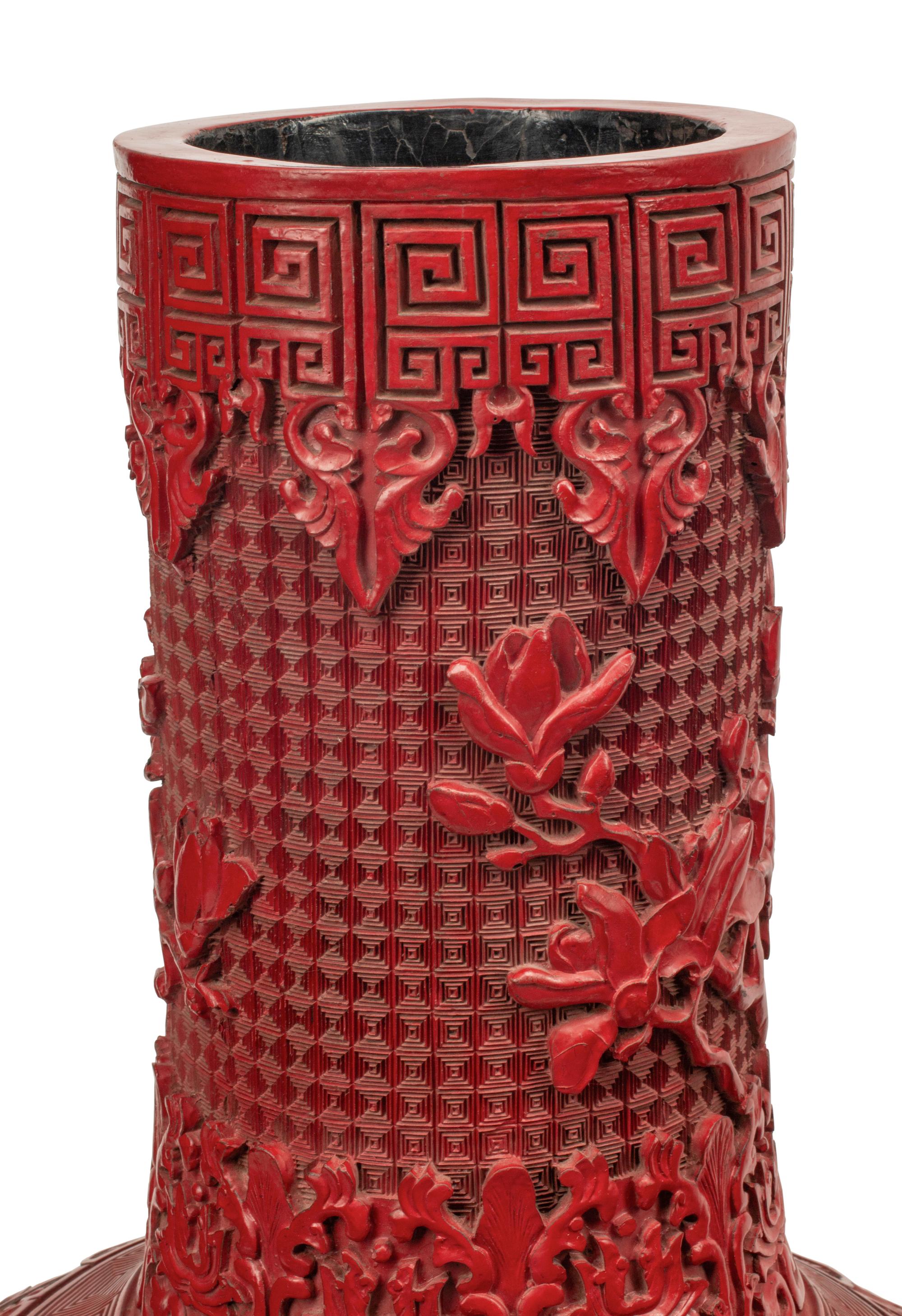A Pair of Chinese Carved Red Lacquer Vases
