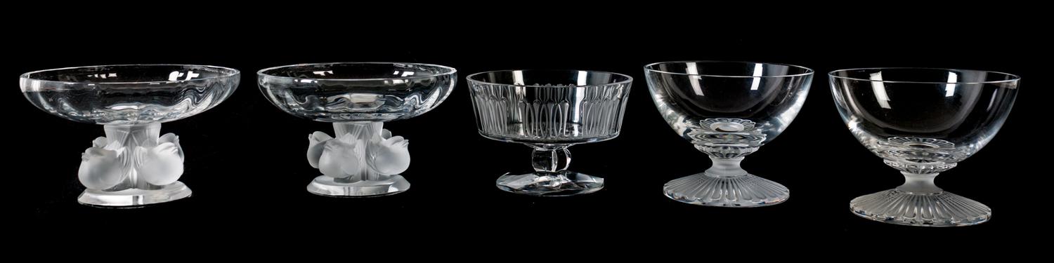 Five Lalique Molded and Frosted Glass Table Articles Diameter of largest 5 1/2 inches. — 20TH CENTURY