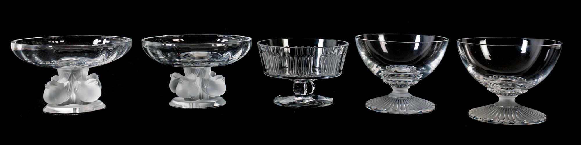 Five Lalique Molded and Frosted Glass Table Articles Diameter of largest 5 1/2 inches. — 20TH CENTURY