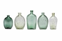 Five Molded Glass Green Flasks