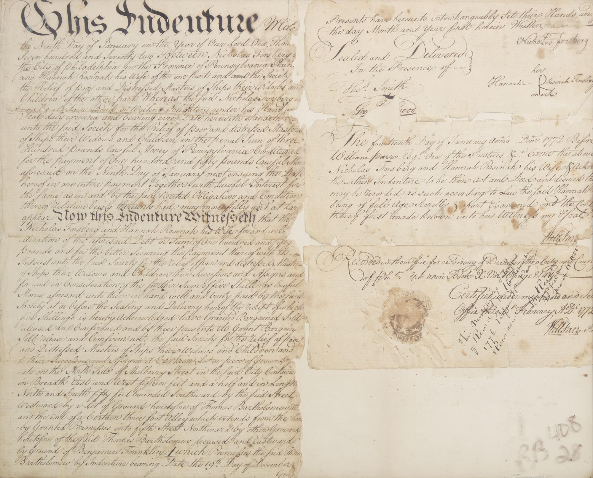 [Philadelphia] Signed 1772 Philadelphia land indenture