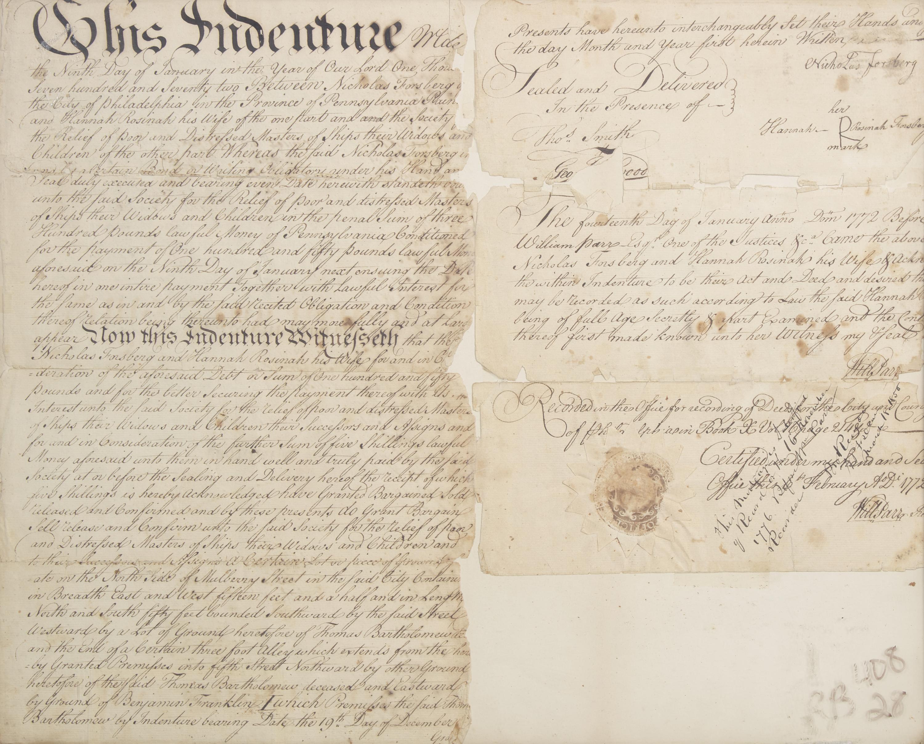[Philadelphia] Signed 1772 Philadelphia land indenture