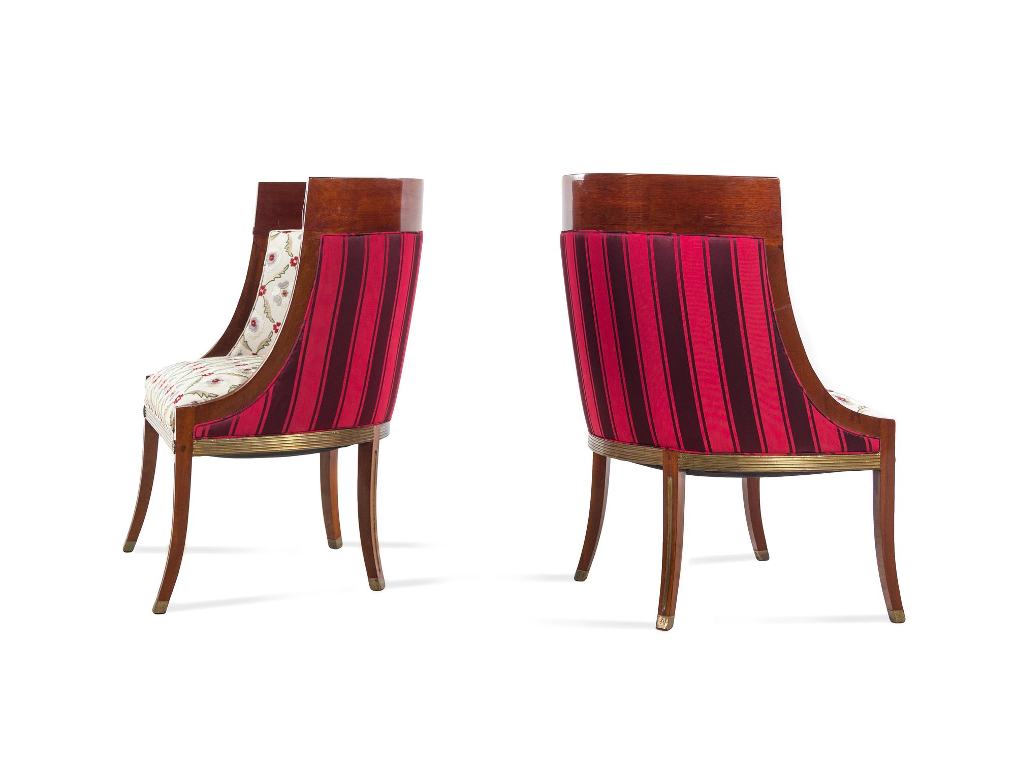 A Pair of Russian Neoclassical Brass Inlaid Mahogany Bergères