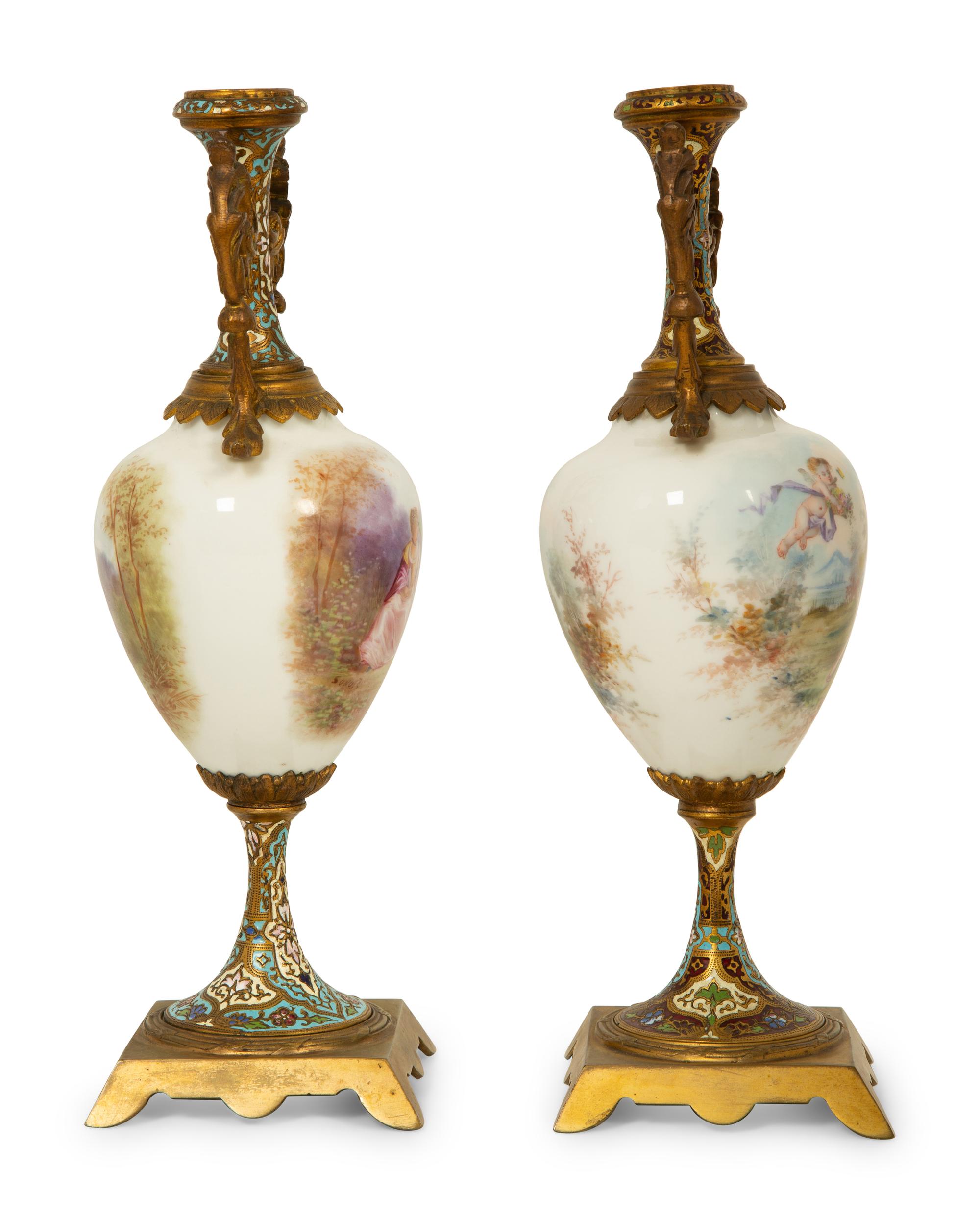 A Pair of French Sevres Style Porcelain and Champleve Vases — 19TH/20TH CENTURY