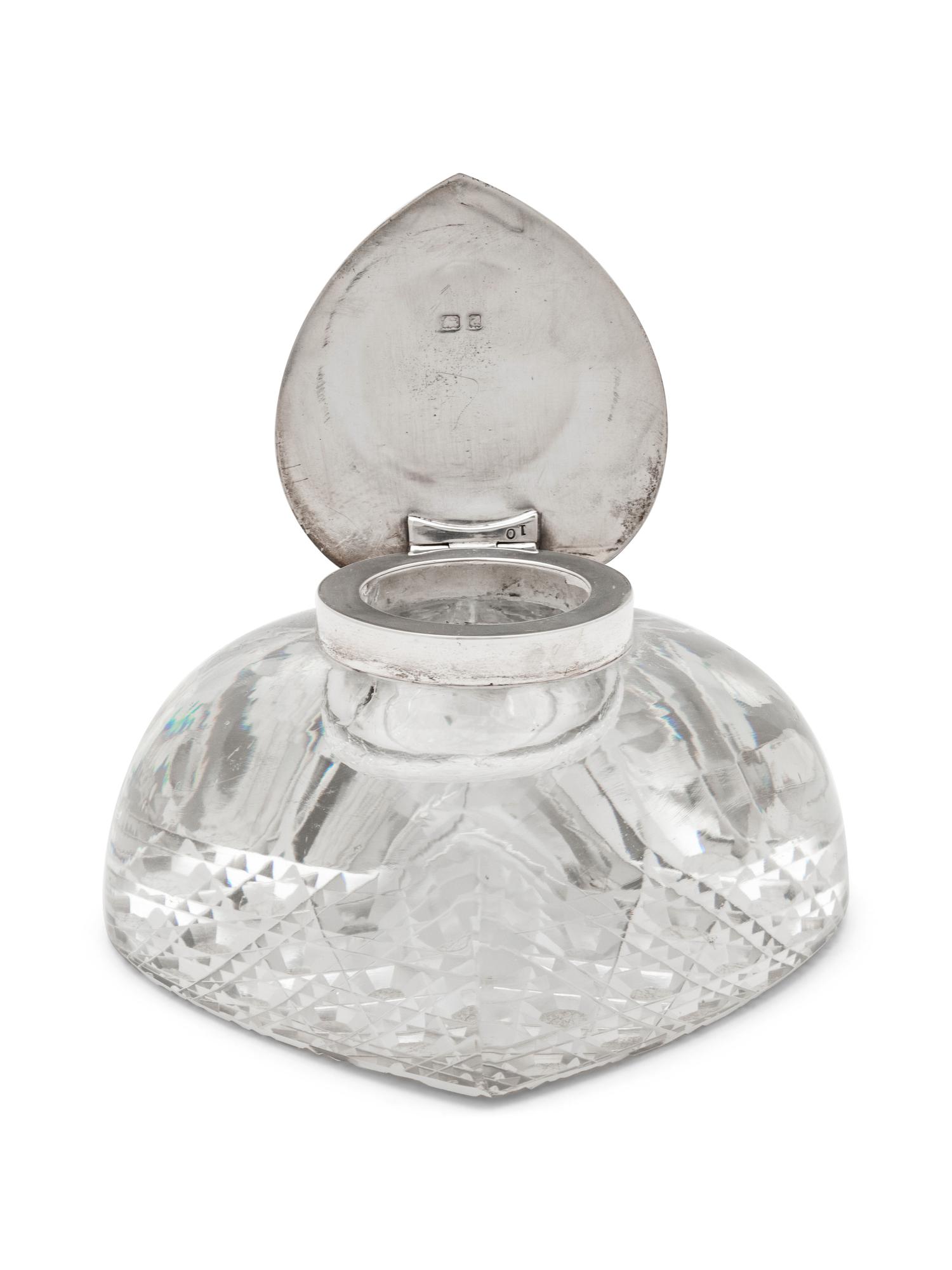 An English Silver Lidded Heart-shaped Cut Crystal Inkwell