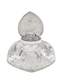 An English Silver Lidded Heart-shaped Cut Crystal Inkwell