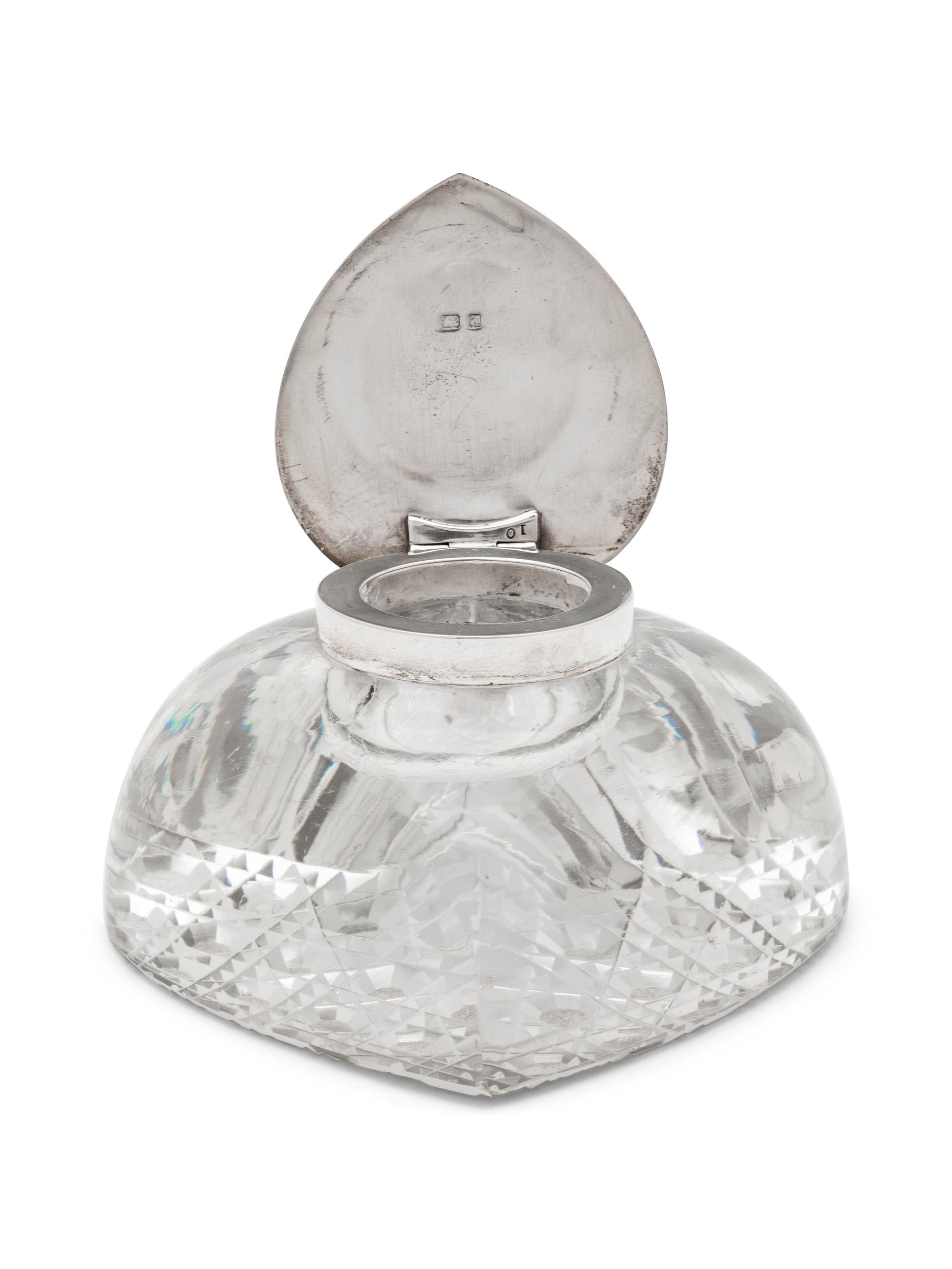An English Silver Lidded Heart-shaped Cut Crystal Inkwell
