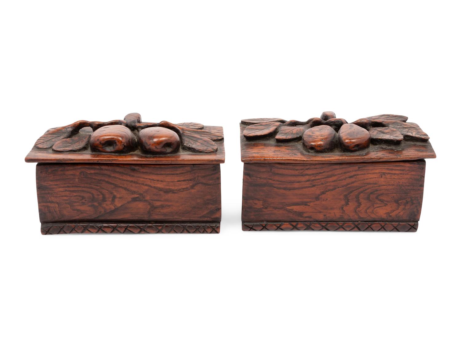 A Pair of English Carved Oak or Elm Candle Boxes