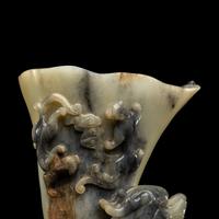 A Chinese Celadon and Grey Jade Libation Cup, Juebei 灰白玉龙纹爵杯