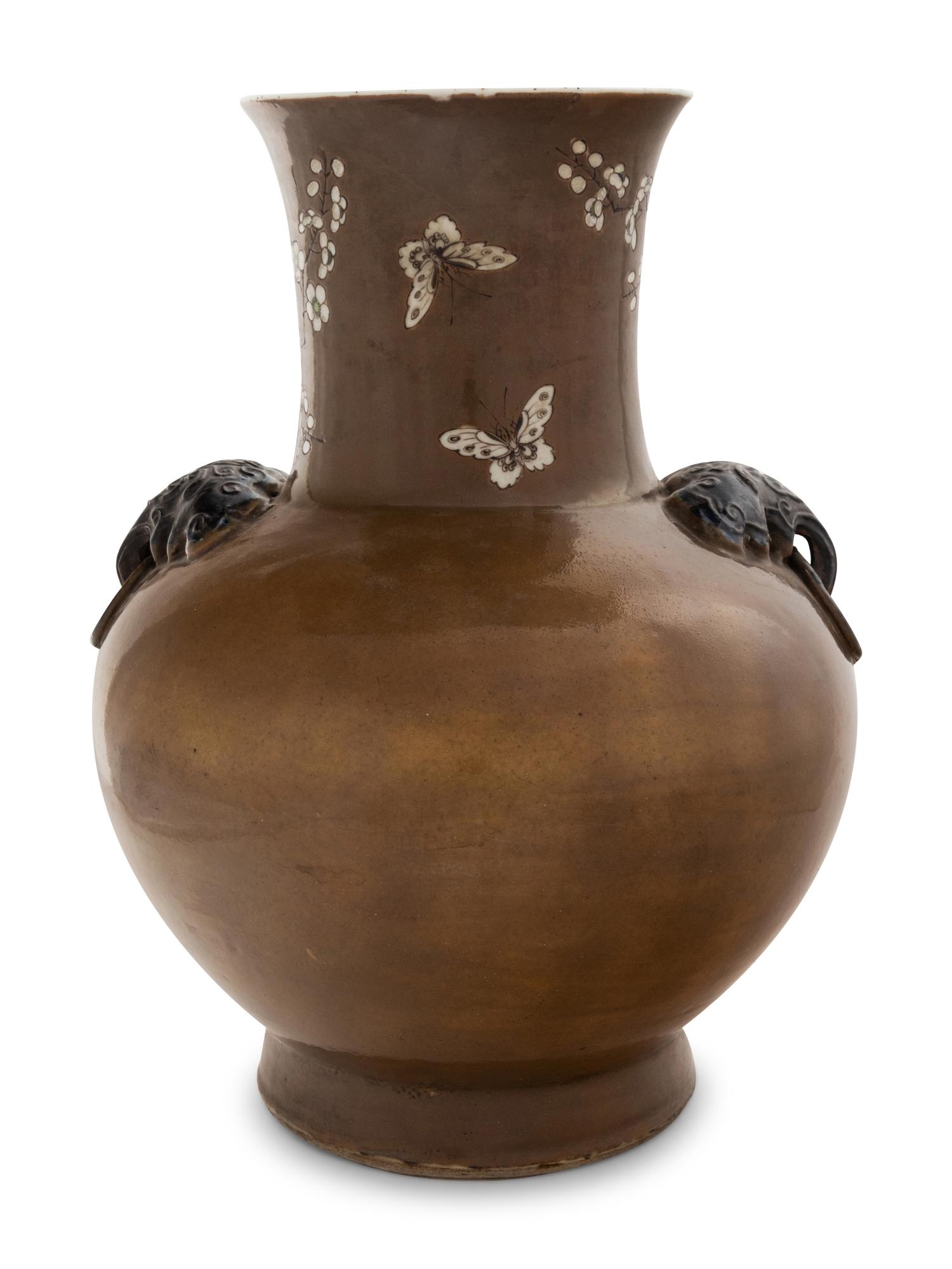 A Chinese Ochre Ground Grisalle Decorated Porcelain Zun Vase