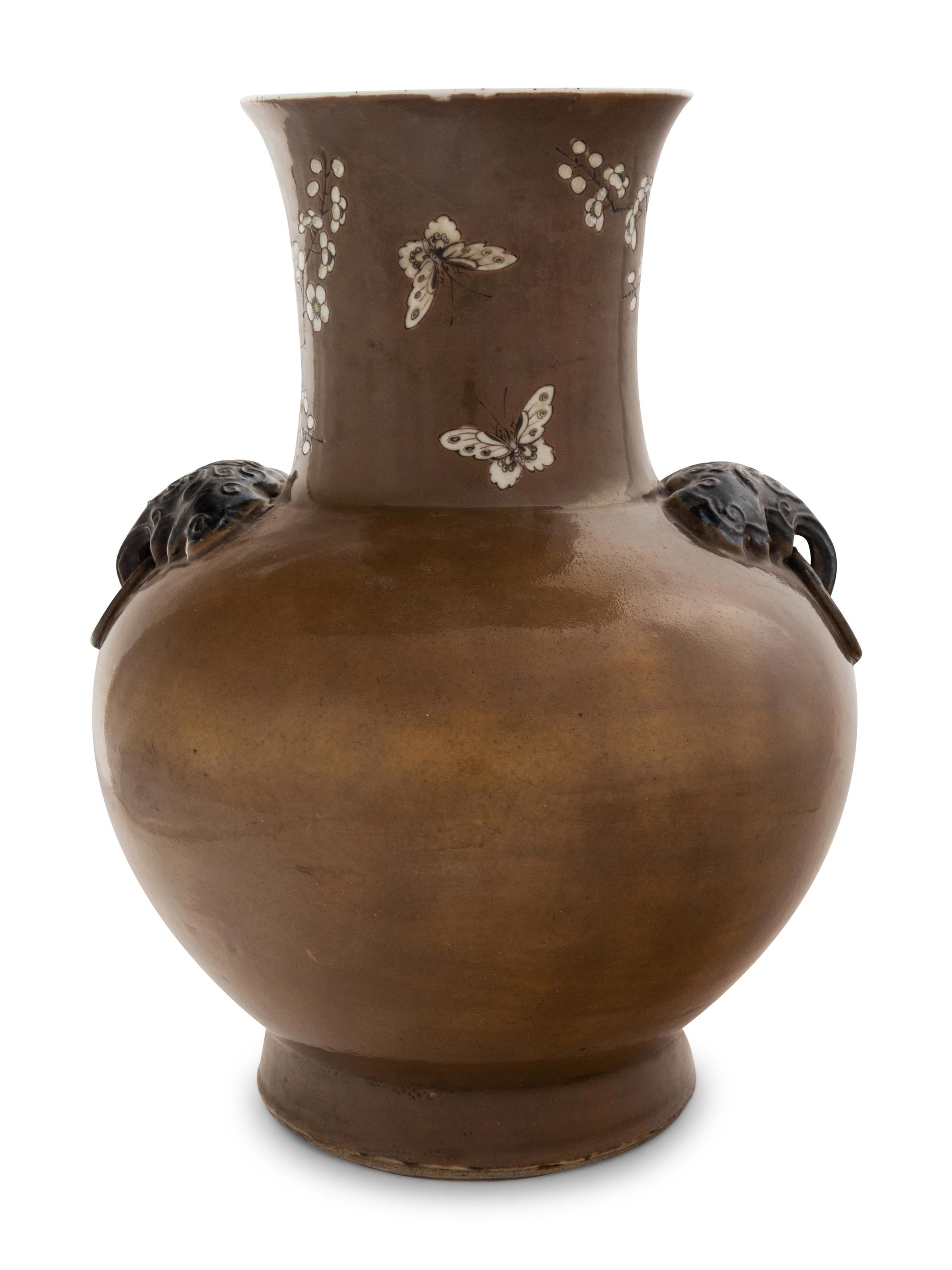 A Chinese Ochre Ground Grisalle Decorated Porcelain Zun Vase