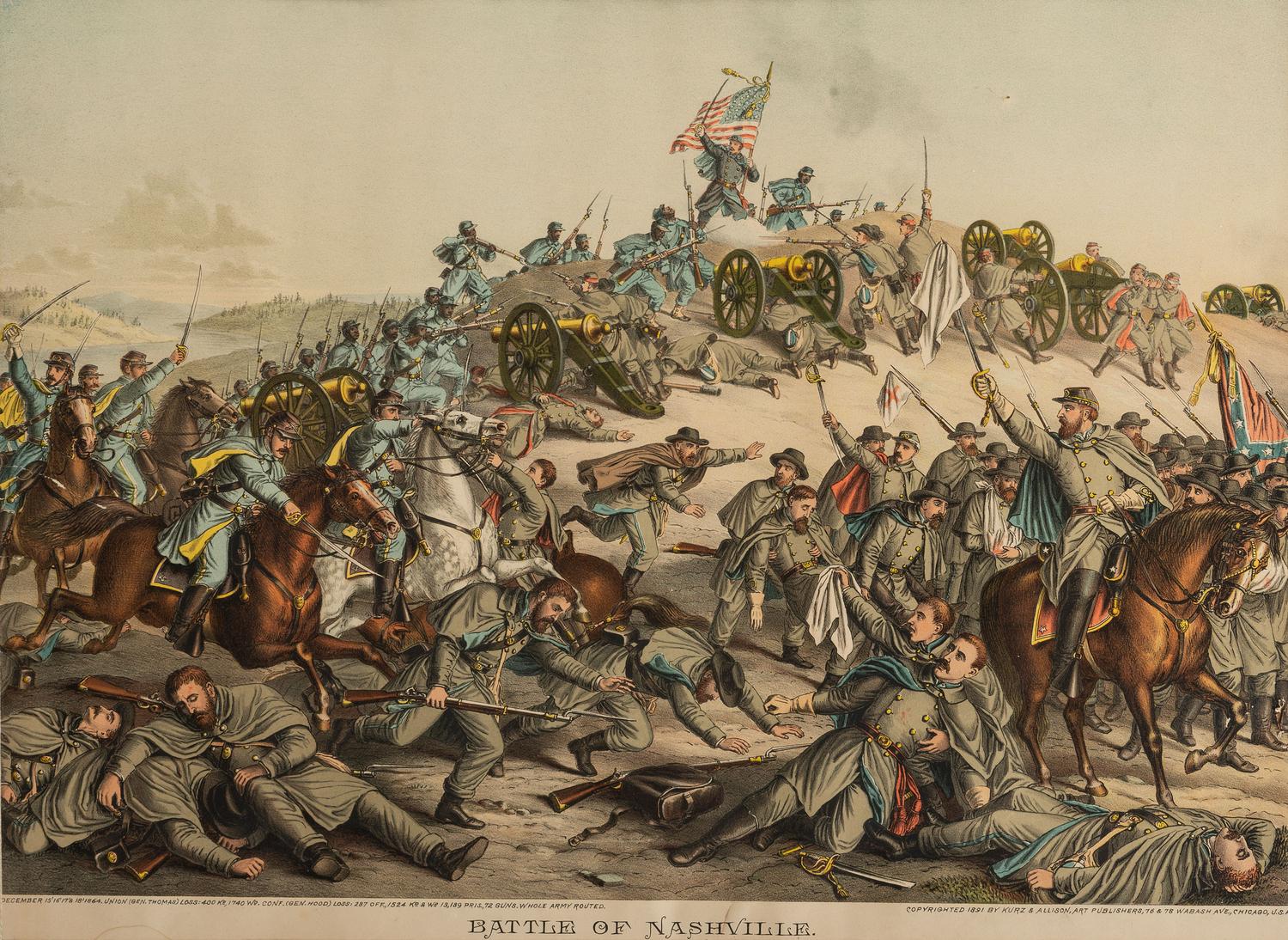 [CIVIL WAR]. KURZ & ALLISON, printers. A group of 2 Civil War prints, incl. Battles of Nashville and Vicksburg.