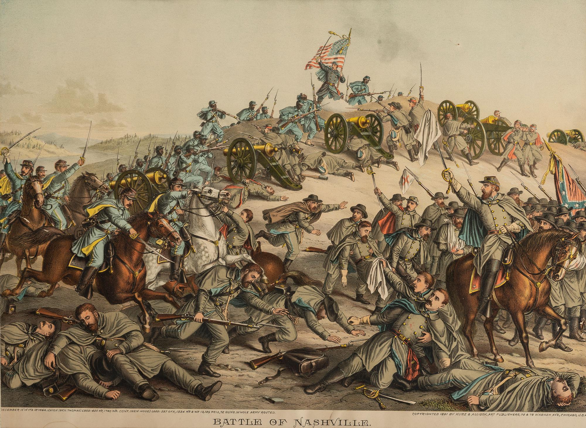[CIVIL WAR]. KURZ & ALLISON, printers. A group of 2 Civil War prints, incl. Battles of Nashville and Vicksburg.