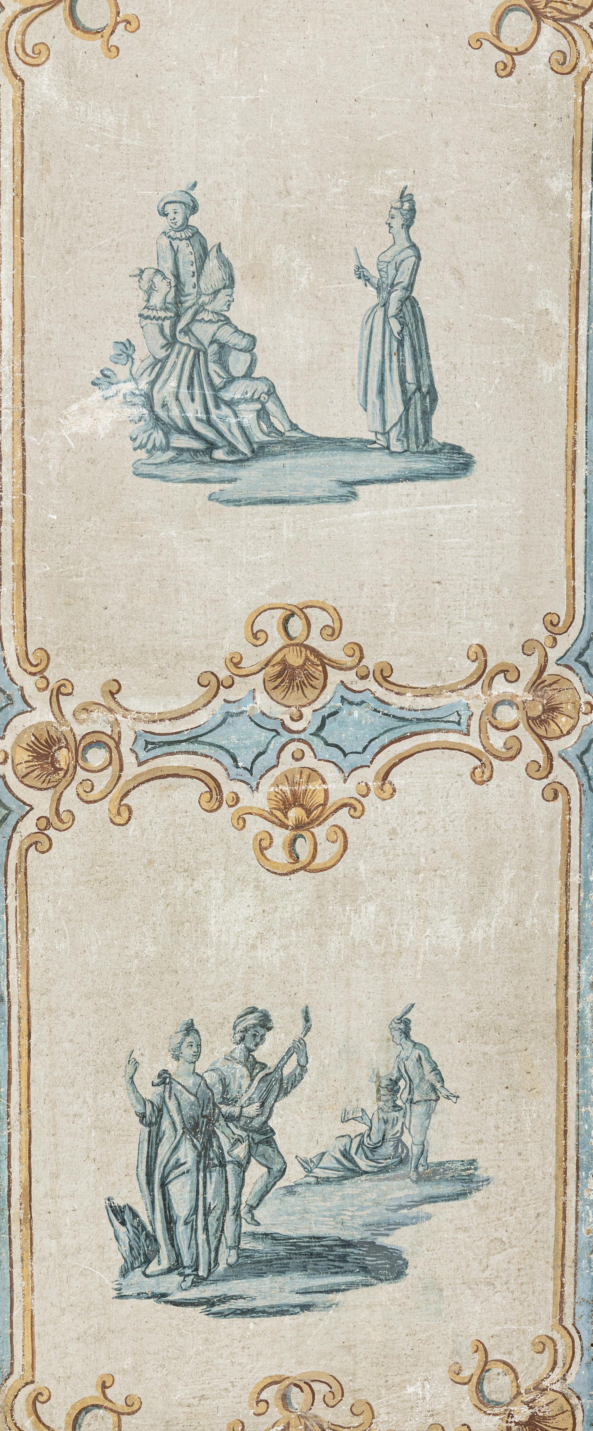 A Louis XV Painted Canvas Five-Panel Floor Screen