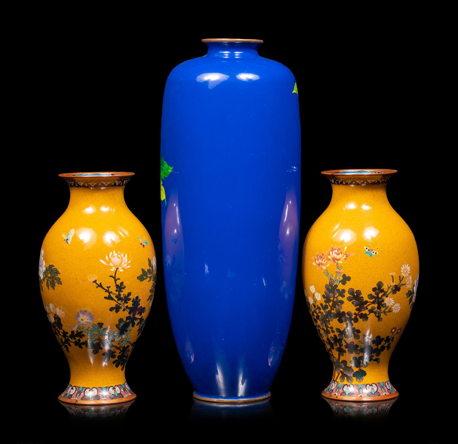 Three Japanese Cloisonné Enameled 'Floral' Vases