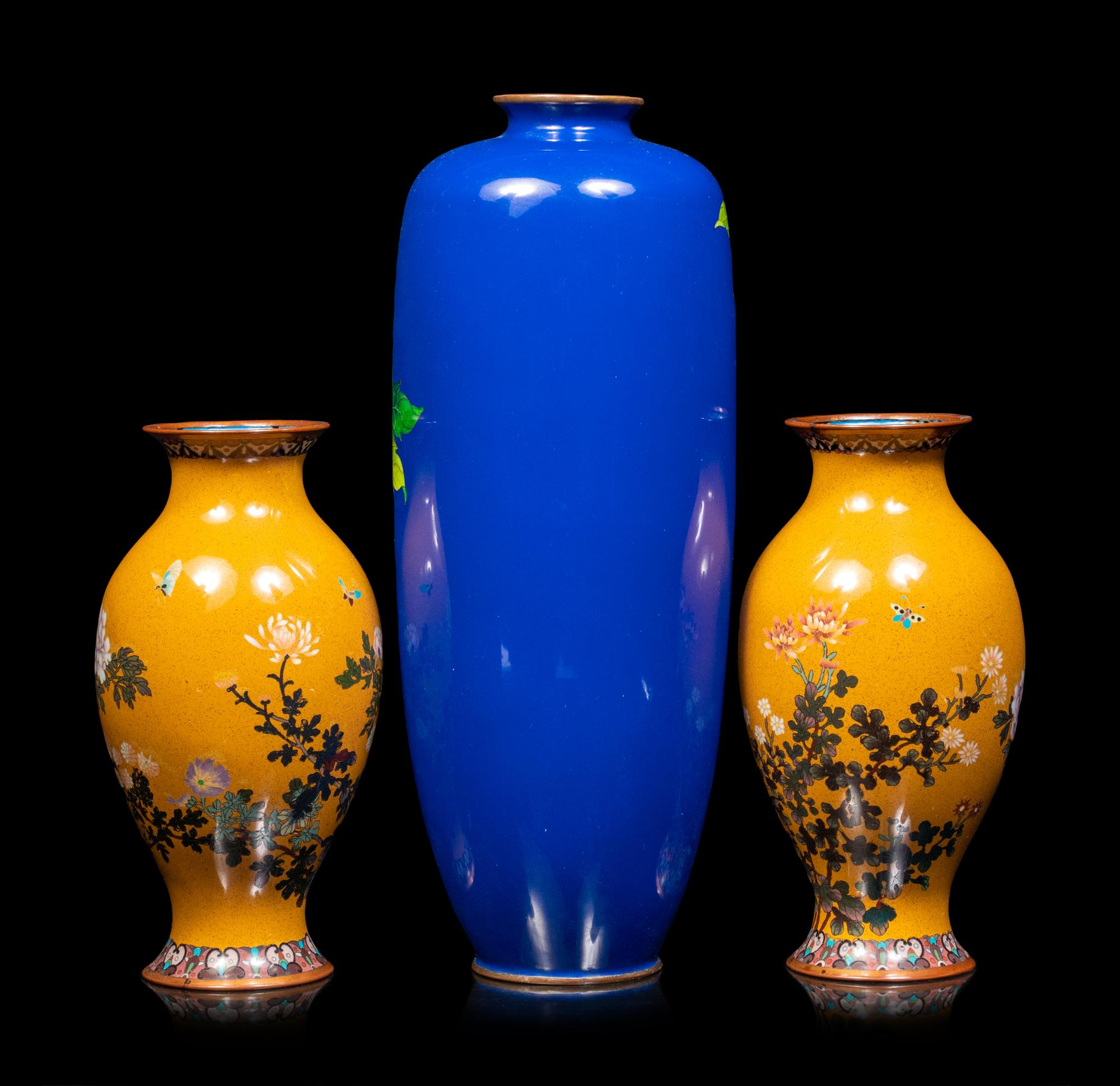 Three Japanese Cloisonné Enameled 'Floral' Vases