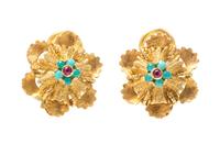 A Pair of 18 Karat Yellow Gold, Turquoise and Ruby Flower Motif Earclips, 8.30 dwts.
