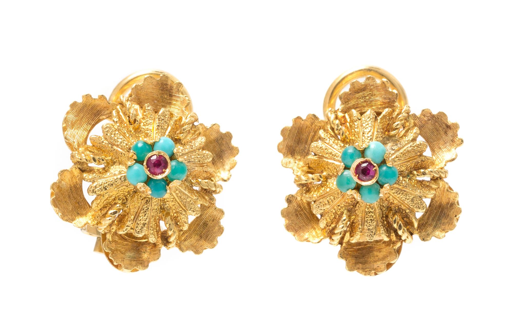 A Pair of 18 Karat Yellow Gold, Turquoise and Ruby Flower Motif Earclips, 8.30 dwts.