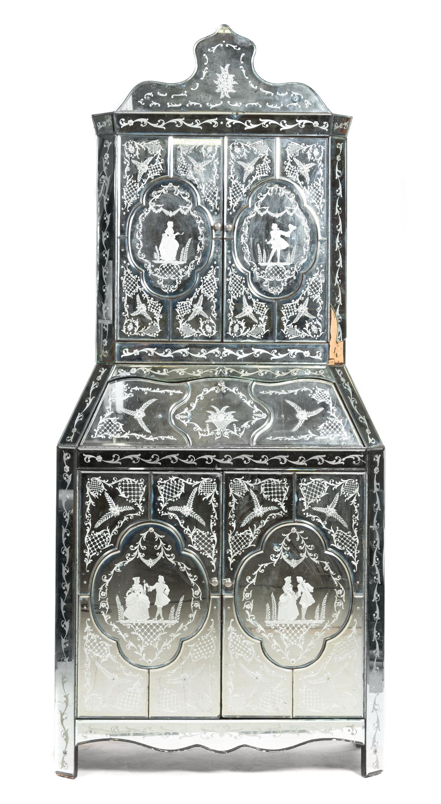 A Venetian Style Mirror Veneered Secretary Bookcase Height 82 x width 35 1/2 x depth 16 1/2 inches. — MID-20TH CENTURY