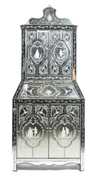 A Venetian Style Mirror Veneered Secretary Bookcase Height 82 x width 35 1/2 x depth 16 1/2 inches. — MID-20TH CENTURY