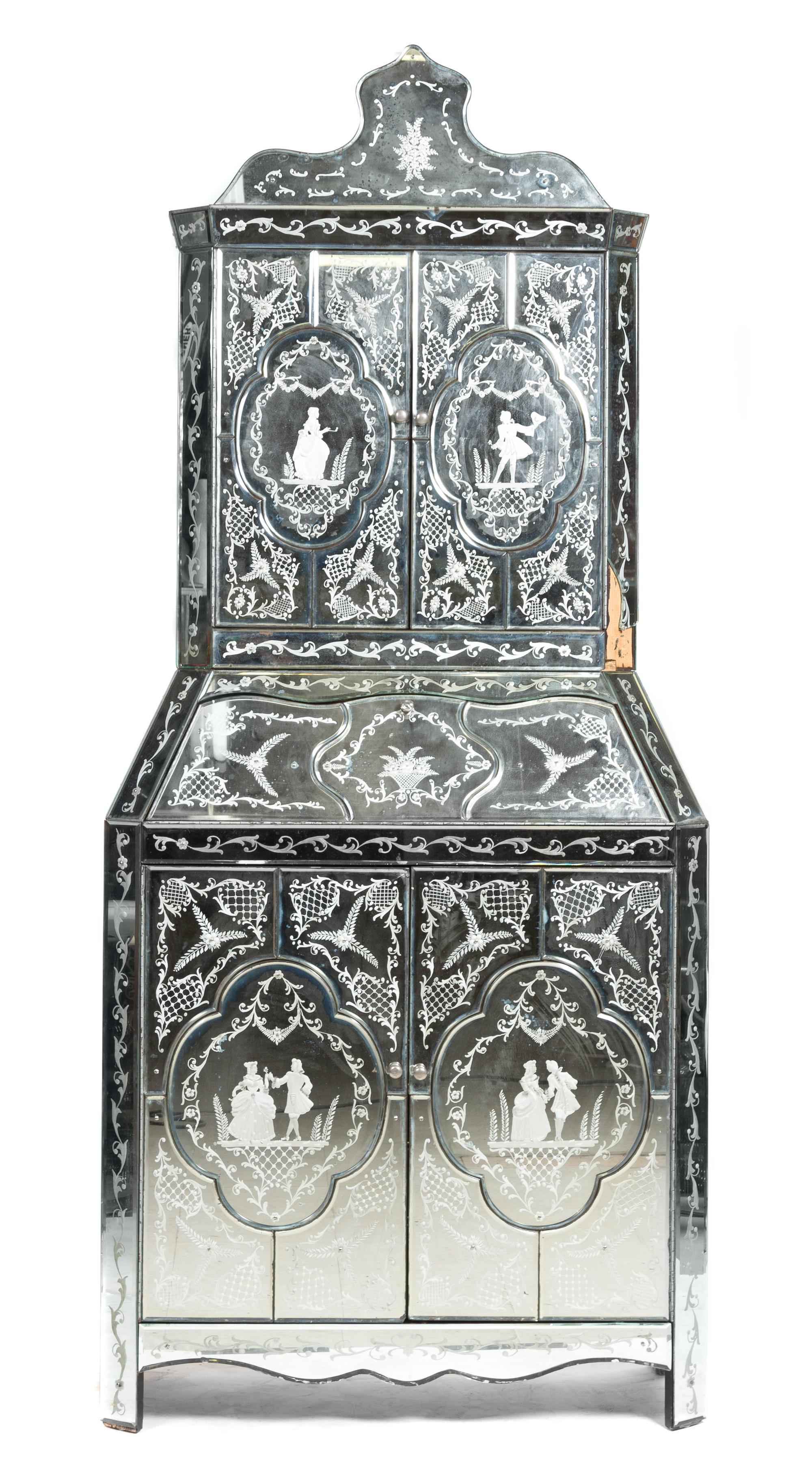 A Venetian Style Mirror Veneered Secretary Bookcase Height 82 x width 35 1/2 x depth 16 1/2 inches. — MID-20TH CENTURY