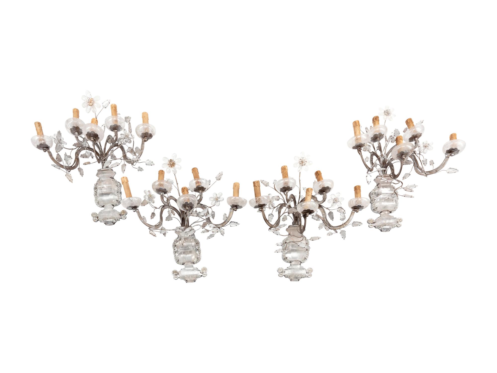 A Set of Four Maison Baguès-Style Rock Crystal and Silvered Metal Five-Arm Sconces